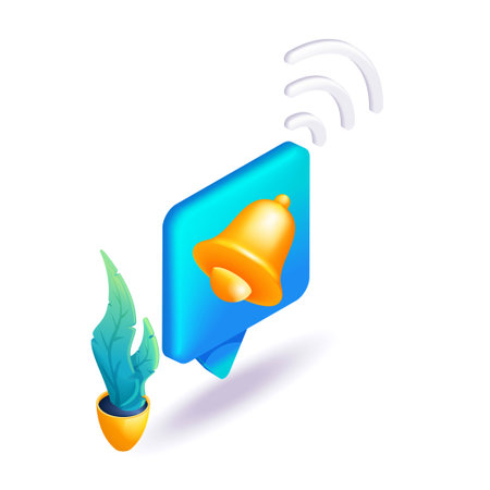 Trending 3D Isometric, cartoon illustration. Bright notification icon. The golden bell rings with a new reminder notification. Vector icons for websiteのイラスト素材