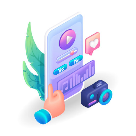 Isometric, cartoon 3D icon Mobile audio photo and video file editor. Support and like for the mobile app. Vector for websiteのイラスト素材