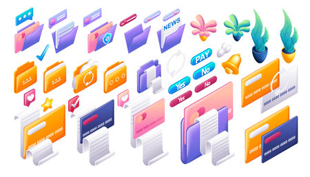 Large set of cartoon icons. Folders with documents, flowers, credit cards, buttons, receipts for payment. Vector 3D Isometric for websiteのイラスト素材