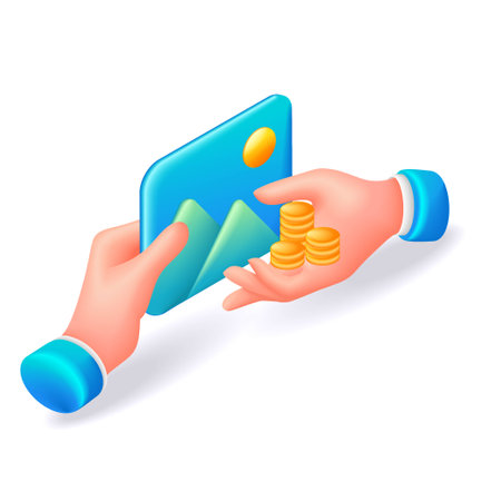 3D Isometric. Cartoon icons. Hands of businessmen make a deal, buying an electronic painting for bitcoins. Concept of modern shopping. Vector illustrationのイラスト素材