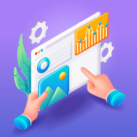Trending 3D Isometric, cartoon illustration. Concept of Seo Optimization for website. Charts and graphs with data. Vector icons for websiteのイラスト素材