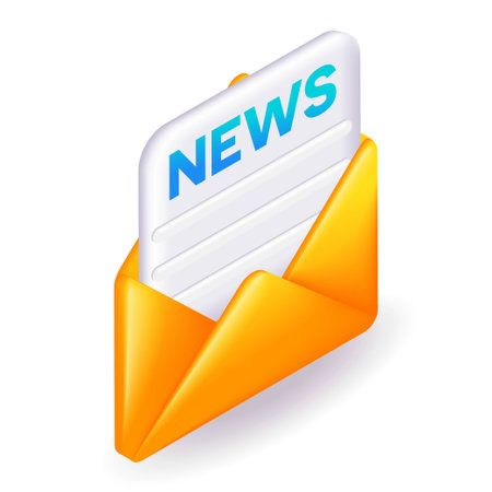 Isometric 3D icon yellow envelope contains a newspaper. Cartoon minimal style. Vector for websiteのイラスト素材