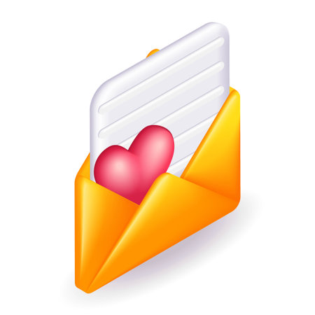 Isometric 3D icon yellow envelope with a love letter. Cartoon minimal style. Vector for websiteのイラスト素材