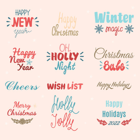 Set of Christmas lettering in color, to create a unique design of your holiday card. Lettering for vector illustrationsのイラスト素材