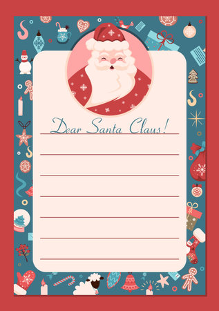 Christmas letter template for Santa Claus with a festive character, Christmas toys, gifts and decorations. Design for vector illustrationsのイラスト素材