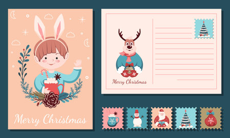Christmas card design. On the front side is a boy with bunny ears, on the back is a Christmas Deer and lines for writing. Holiday stamps. Illustration for vector editingのイラスト素材