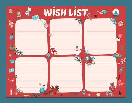 Christmas wish list with a festive character, Christmas tree toys, gifts and decorations. Design for vector illustrationsのイラスト素材