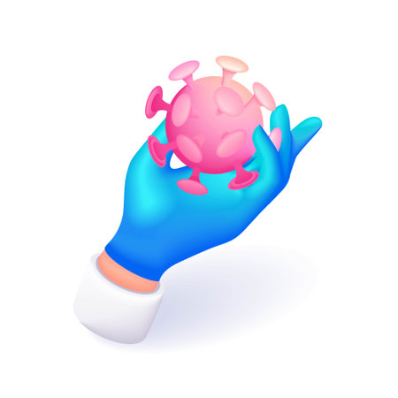 3D Isometric illustration. Cartoon Hand in a blue glove holds an icon of a terrible virus. Vector icons for websiteのイラスト素材