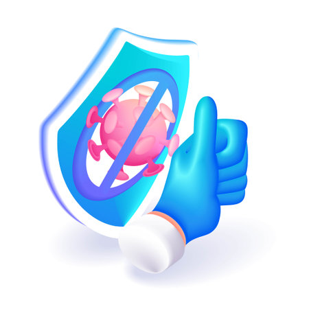 3D Isometric illustration. artoon hand in a blue glove shows the class, shield icon with the virus crossed out. Concept of virus protection. Vector icons for websiteのイラスト素材