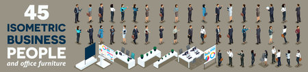 More 40 Isometric kit of 3D businessmen, businesswomen and office furniture. Front and back viewのイラスト素材