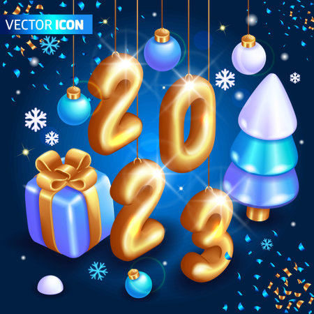 Realistic 3D Isometric illustration. Christmas card with New Year decorations. Wonderful illustration with golden numbers on the background of a gift, a Christmas tree and snowflakesのイラスト素材