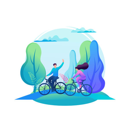 Vivid illustration. Friends ride bicycles in the forest, summer entertainment, cycling in the park. 2D Charactersのイラスト素材