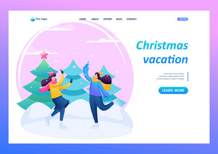 Vivid illustration of female friendship. Ice skating, fun weekend, winter fun. 2D characters. Landing Page Conceptのイラスト素材