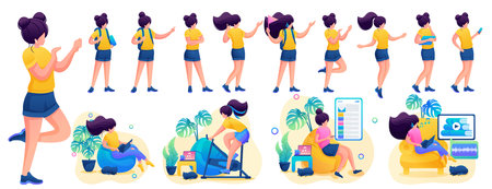 Young girl in various poses and actions, communication, work, training. 2D flat character vector illustration N4のイラスト素材