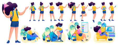 Young girl in various poses and actions, communication, work, training. 2D flat character vector illustration N6のイラスト素材