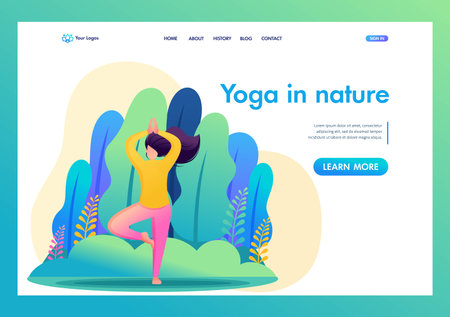 Girl does yoga in nature, in the Park, in the forest. Flat 2D landing pageのイラスト素材