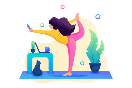 Girl combines yoga classes with work and correspondence on the phone. Flat 2D Web designのイラスト素材