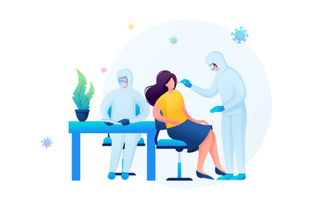 Risk Of Spreading The Virus. Doctor Takes An Analysis To Detect The Virus. Characters. Flat 2D Web Designのイラスト素材