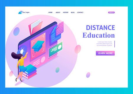 Landing Page Isometry. Young Girl Is Studying Remotely On a Tablet. Online Learning. Vector Illustrationのイラスト素材