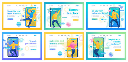 Collection of channel landing pages about dancing. Man takes videos, puts them on social networks, teaches dancing, likes, viewsのイラスト素材