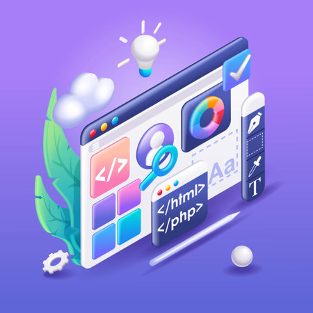 3D Isometric illustration, Cartoon. Mobile application, Software and web development with 3d shapes, bar chart, infographic. Vector icons for websiteのイラスト素材