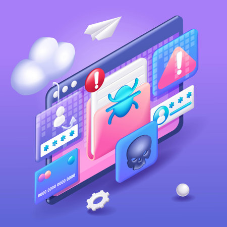 3D Isometric illustration, Cartoon. Ransomware Malware Attack. Business Computer Hacked. Security Breach Vector icons for websiteのイラスト素材
