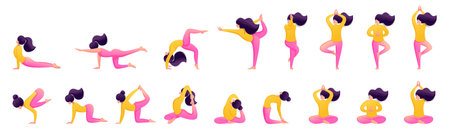 Big Set of girls in different poses during a yoga classのイラスト素材
