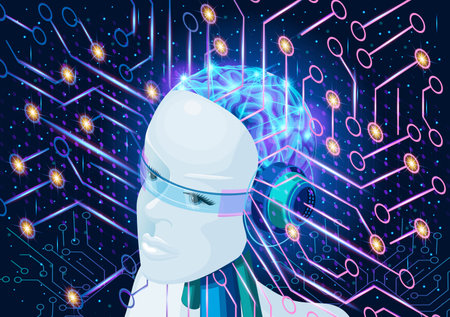 Isometric Artificial Intelligence is breaking out of the web. The robot has a human Face and an...