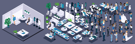 Isometric Kit for creating an office. Use a large Kit of interior furniture and office workers, personages to create your own designのイラスト素材