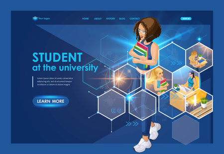 Landing page Isometric. Girl characters constructor for design. Illustration of scenes with girl taking part in student events. Trendy vector styleのイラスト素材