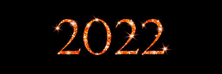 Happy New Year 2022. Greeting card with 2022 text written in gold and sparkles on black background. Beautiful sparkling template for design, holiday card, banner, poster.のイラスト素材