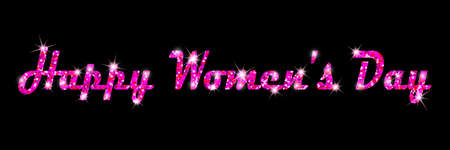 Greeting card with text written in purple and glitter Happy Women's Day on a black background. Beautiful sparkling template for design, holiday card, banner, poster.の写真素材