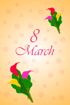 Happy March 8 greeting card with colorful flowers on a beige background. International Women's Day. Beautiful template for design, holiday card, banner, newsletter, brochures, postcards, poster.のイラスト素材