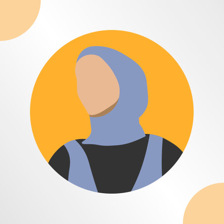 Avatar of Muslim girl in traditional blue hijab. Avatar for social networks. Vector flat illustration.のイラスト素材
