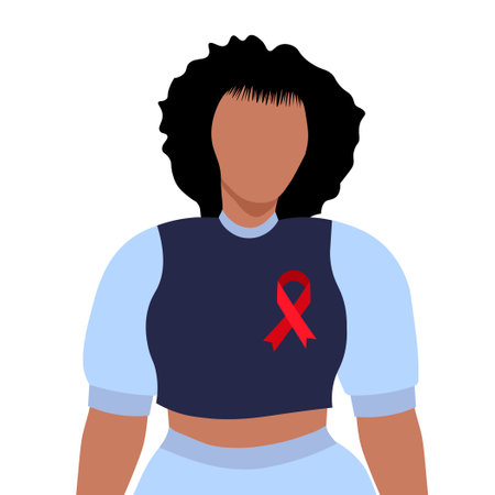 Young modern girl with a red ribbon badge in support of World AIDS Day. Isolated on white...