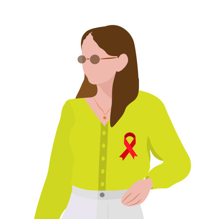 AIDS awareness. Portrait of a young modern girl in a light green blouse with a red ribbon badge. Medical concept. Vector illustration.のイラスト素材