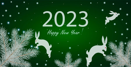 Happy New Year 2023 and Merry Christmas, Rabbit zodiac sign. Greeting card with white branches of a Christmas tree with white rabbits and place for text on a green background.のイラスト素材