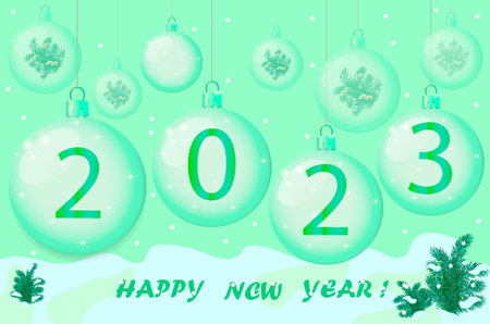 Greeting card with New Year's balls and text Happy New Year 2023 on green background. Happy New Year...