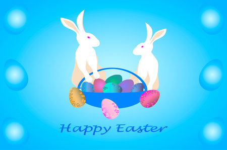 Happy Easter. White rabbits sit near a festive basket with Easter colorful eggs. Concept of Easter egg hunt or egg decorating art. Flat vector illustration isolated on azure blueのイラスト素材