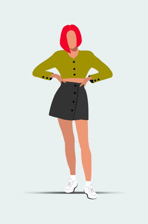 Beautiful woman college student with red hair in casual clothes. Young female character wearing trendy outfit, gray skirt and green cropped top.のイラスト素材