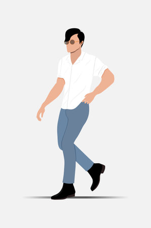 Stylish young man posing confidently in trendyin blue jeans, white shirt and sunglasses. Vector illustration. Not AI generatedのイラスト素材