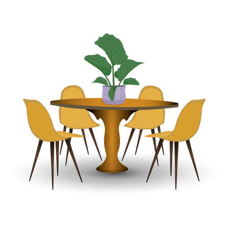 The modern interior has a round wooden table with a potted houseplant on top, and four yellow chairs in a minimalist style around it, Interior design, furniture, decorのイラスト素材