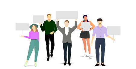 Concept peaceful demonstration of human rights. Group of diverse people, students at picket. Vector illustration Not AI generatedのイラスト素材