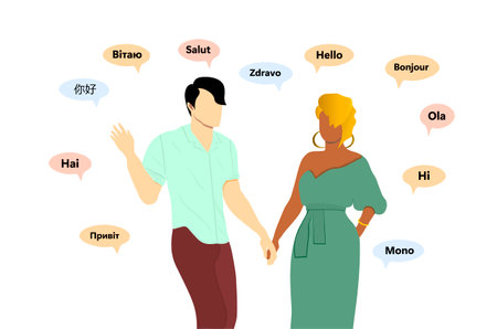 Young man and woman holding hands and say hello in different languages. Speech bubbles. Vector illustration Not AI generatedのイラスト素材