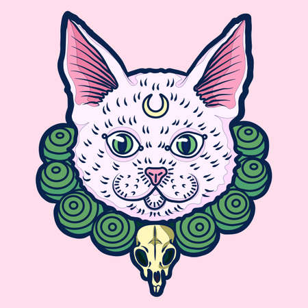 Crazy hand drawn white cat with pink nose and golden moon on a forehead wearing the green pearls with mouse scull. Vector isolated illustration on a pink background.のイラスト素材