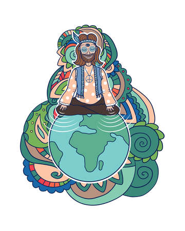 Vector hand drawn isolated illustration of hippie with third eye open and a sitting bird spreading positive vibes on earth, colorful abstract background.のイラスト素材