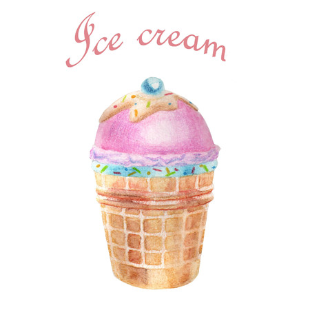 Watercolor summer food illustration. A delicious ice cream in waffle. Hand-painted watercolor pencilsの写真素材
