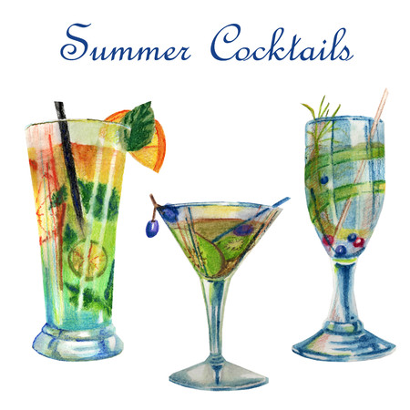 Watercolor summer illustration. Set of bright summer cocktails. Hand-painted watercolor pencils.の写真素材