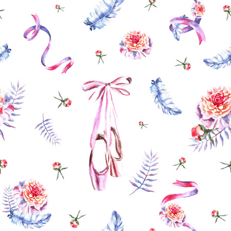 Seamless pattern with watercolor hand painted ribbons, feathers, pointes, peonies, twigs. Female tender backdrop perfect for fabric textile or wrapping paper.の写真素材