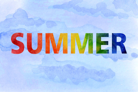 Watercolor summer illustration. Hand-painted rainbow inscription summer on sky backgroundの写真素材